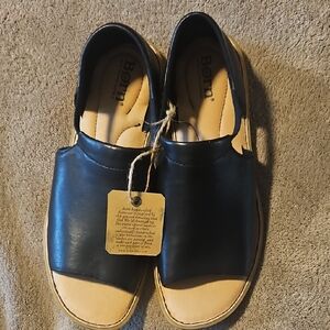 Born Black and Tan Leather Slip-On Sandals